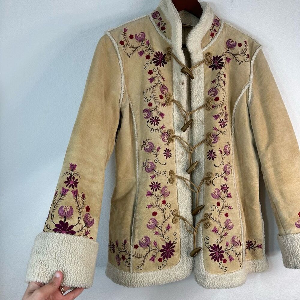 Vintage Y2K St John’s Bay Floral Embroidered Suede Jacket Large Sherpa Pennylane - Picture 3 of 10